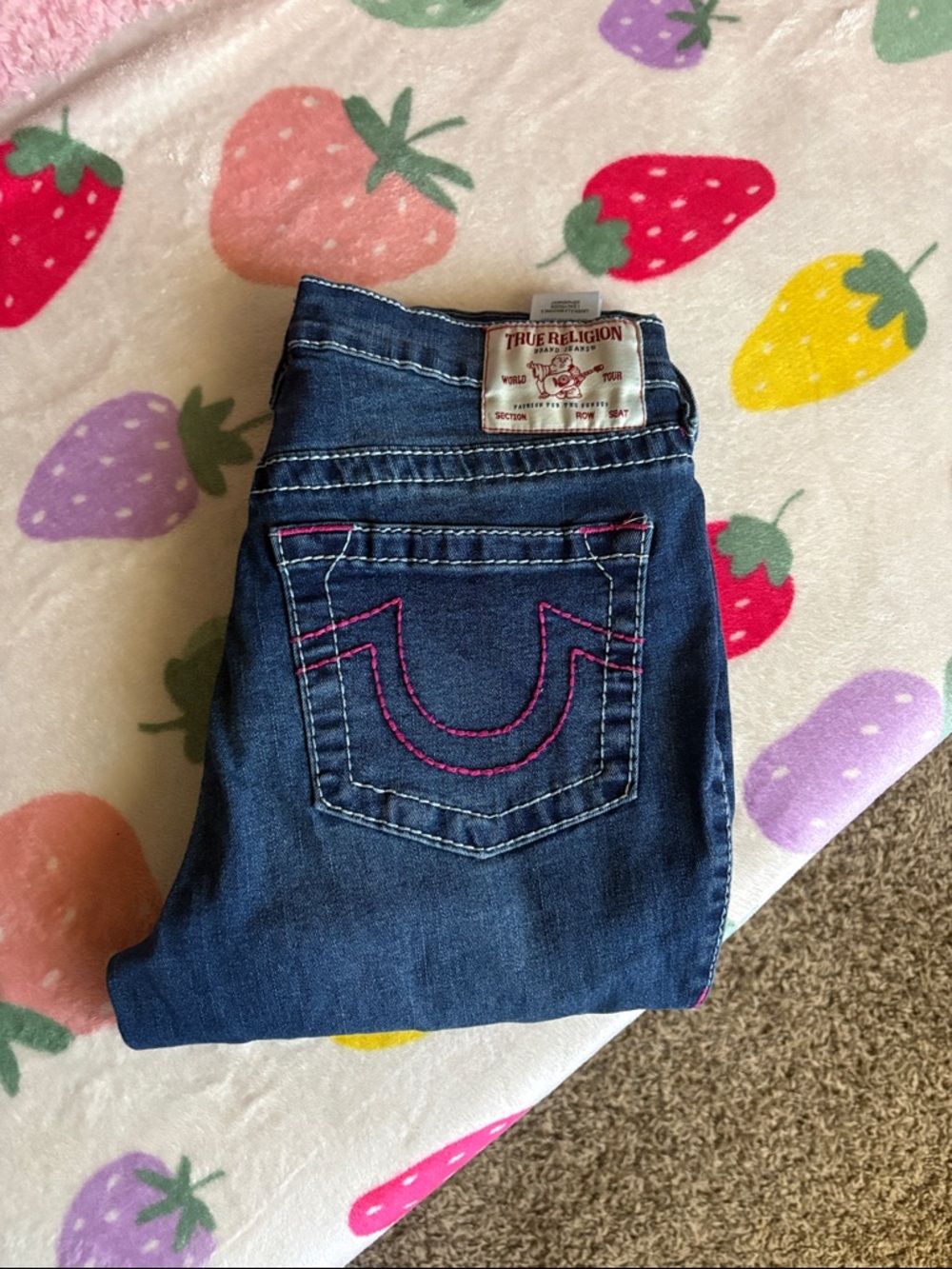 True Religion Women’s Dark Blue Skinny Jeans with Pink Stitching